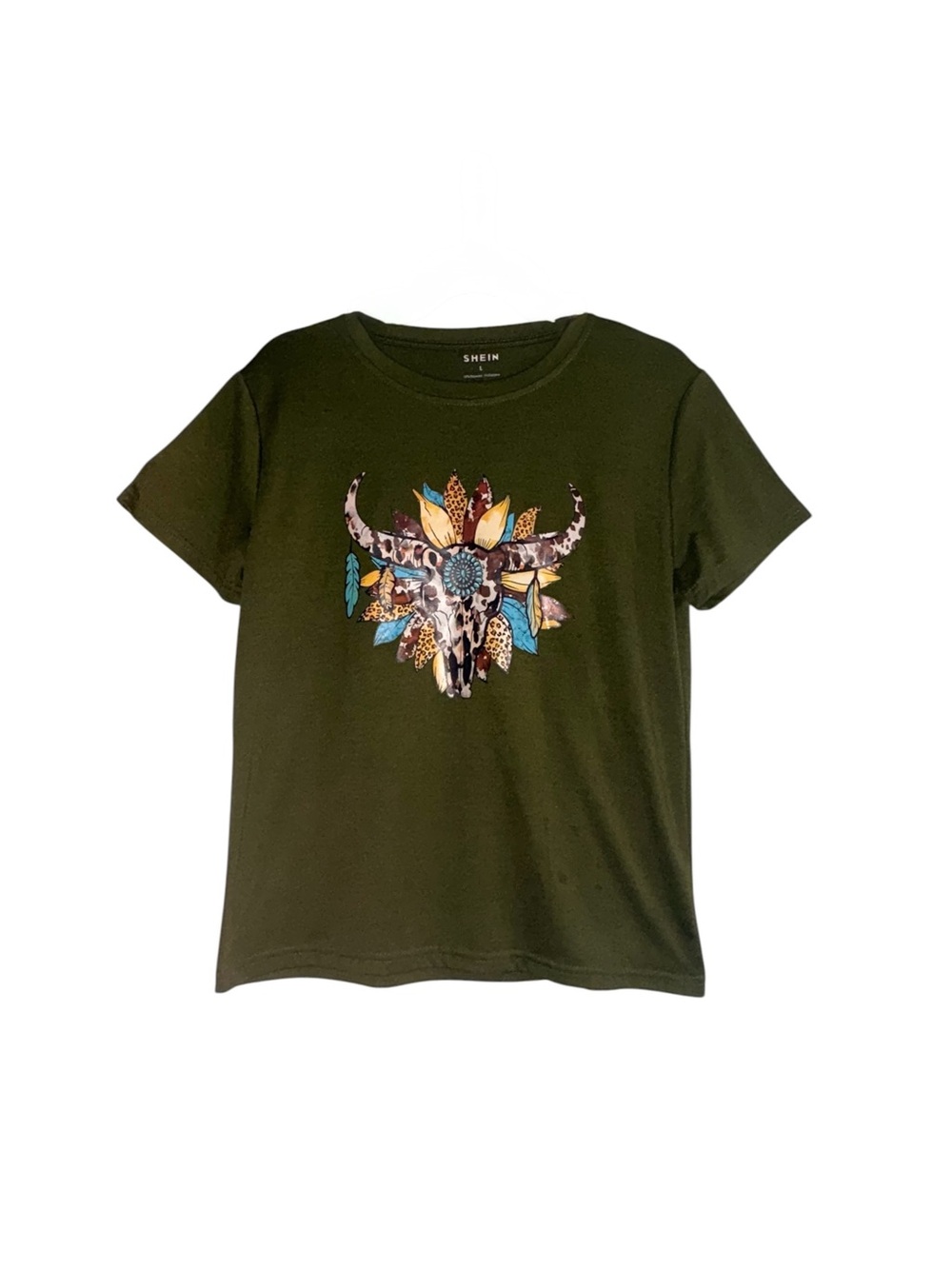 SHEIN Olive Green Short Sleeve Tee with Colorful Bull Skull Graphic
